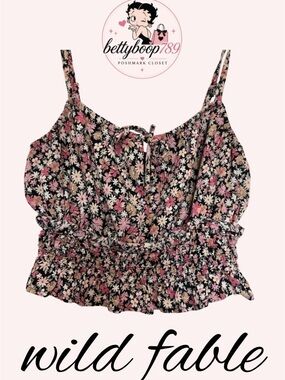 wild fable Black Floral Cropped Cami Top - Pink & Cream Daisies